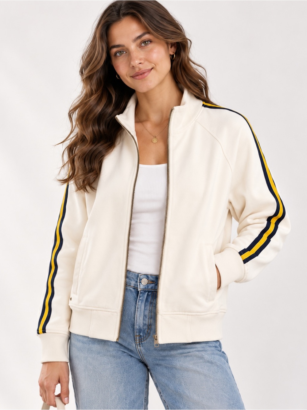 Converse One Star Cream Track Jacket Navy Yellow Stripes Retro Sporty